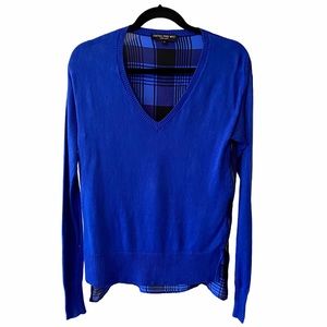 Central Park West Blue V-Neck Plaid Back Sweater